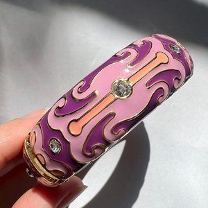 Lavender Plum Purple Peach Rhinestone Gold Tone Hinge Bangle Bracelet